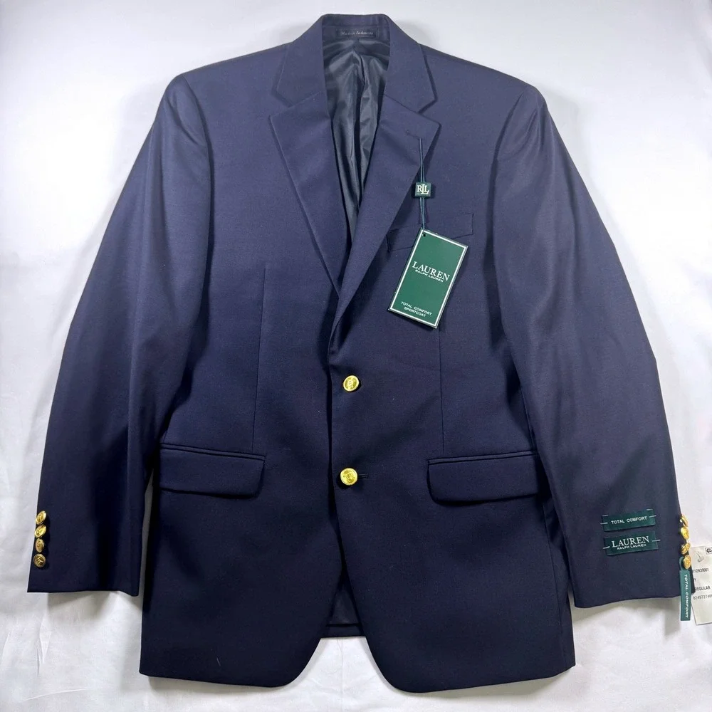 Lauren Ralph Lauren Total Comfort Sportcoat Mens 38R Navy Blue Wool Gold Button
